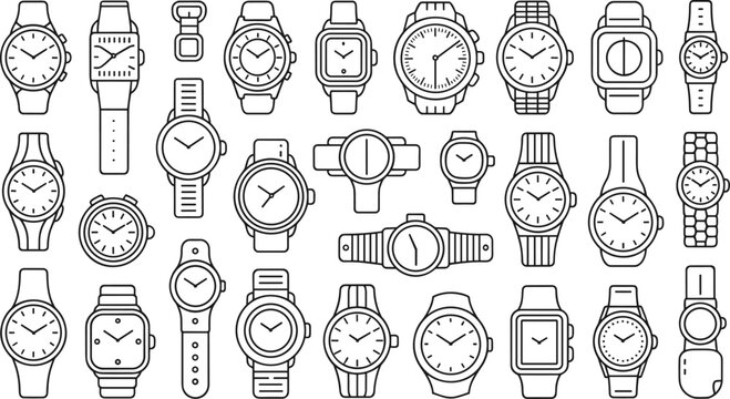 Generative AI vector illustration of wristwatch icon set featuring classic analog timepieces modern smartwatches and luxury chrono clocks