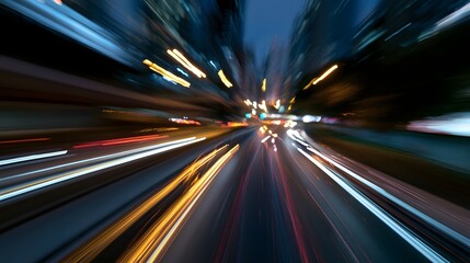 Fototapeta premium A dynamic transportation scene is captured with smooth motion and glowing city lights emphasizing a sense of speed and urban energy