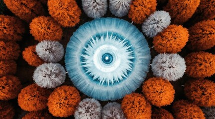 Fototapeta premium Top down view of circular pattern. Orange and white fluffy trees surround bright blue glowing center. Abstract nature forest symmetry creates mystical portal effect.
