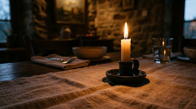 A lone candle flame casts a warm glow on a rustic table setting for an intimate evening