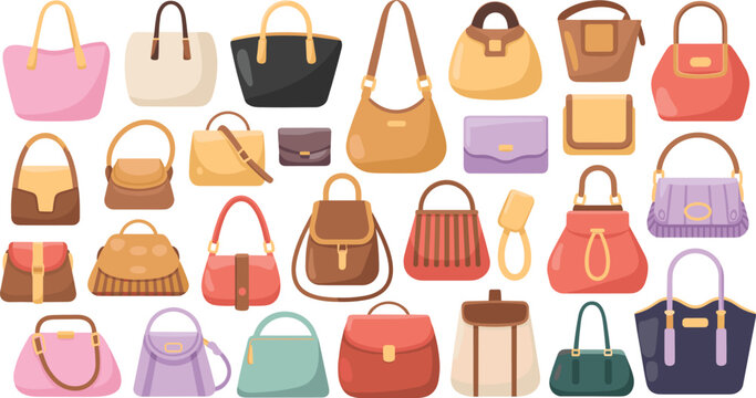 Generative AI vector illustration of women fashion handbag collection featuring stylish shoulder bags purses totes clutches and leather backpacks