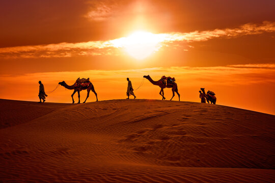 Camel caravan crossing desert dunes at fiery sunset.Thar desert on sunset Jaisalmer,Rajasthan, India