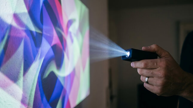 Hand holding compact projector casting vibrant abstract light patterns onto a screen