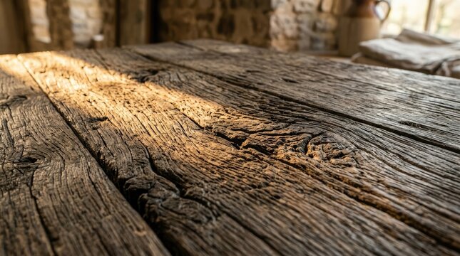 Closeup of Rustic Wooden Table Surface with Weathered Texture
