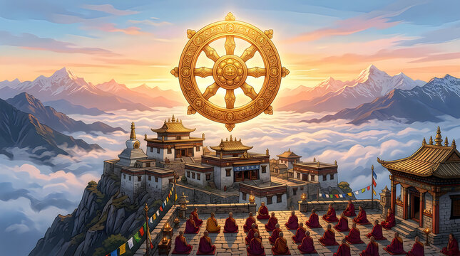 Golden dharmachakra wheel floating above a tibetan monastery with monks meditating