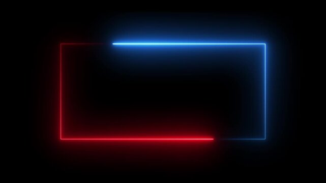 Neon glowing rectangular frame with red and blue light trails, abstract motion background, border rectangle