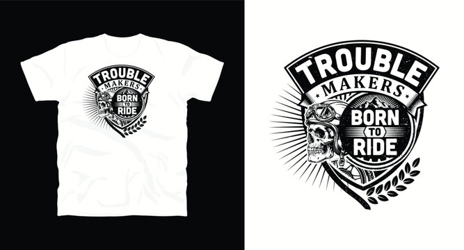 Trouble makers biker skull with goggle helmet and mountain shield graphic on white t-shirt.