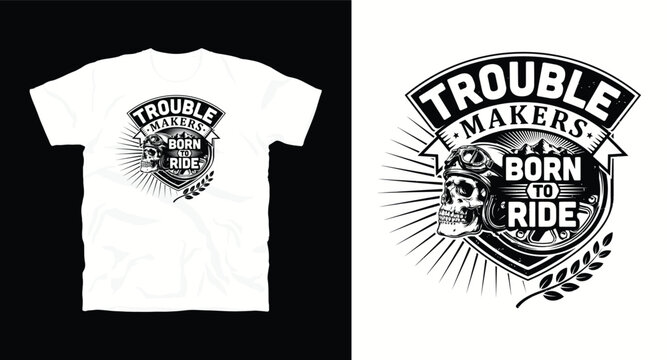 Trouble makers biker skull with goggle helmet and mountain shield graphic on white t-shirt.