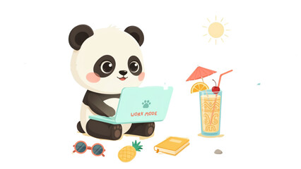 Cute cartoon panda sitting at a picnic with food and drinks © MstUmratun