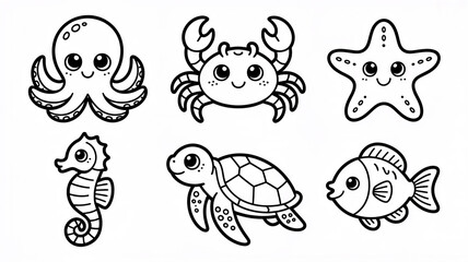 Obraz premium Black and white line art set of cute sea creatures featuring an octopus crab starfish seahorse sea turtle and fish with kawaii faces
