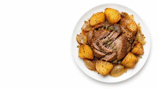 Kleftiko cipriota con agnello, patate e cipolle su piatto bianco. Generative AI