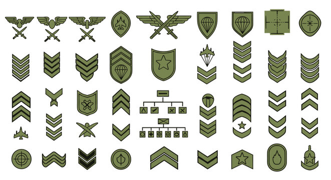 Large set of green military rank insignia and patches includes symbols for various units, forces, and specialities.