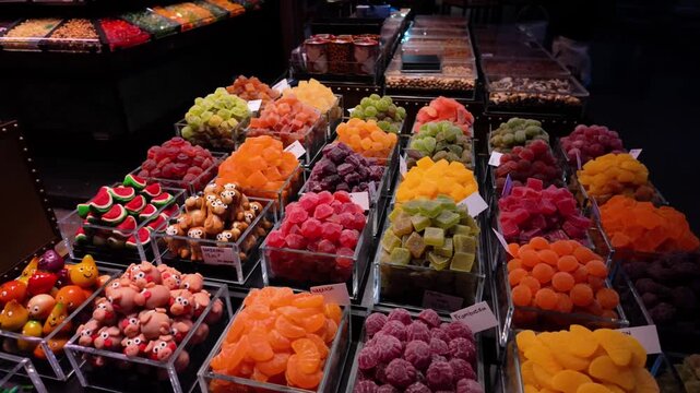 Vibrant assortment of gummy candies, fruit jellies, and assorted sweets arranged in clear containers at a bustling market stall, showcasing a tempting variety of sugary treats for sale