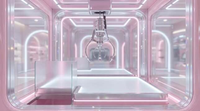 Futuristic pink neon claw machine room with empty platform for product display
