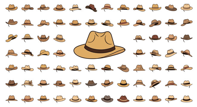 Extensive collection of various styles of brown felt cowboy hats and fedoras displayed in rows with one central highlighted larger hat.