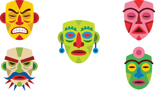 Tribal masks vector set with colorful African Aztec tiki and ethnic ritual wooden face carvings isolated on white background for cultural festival design