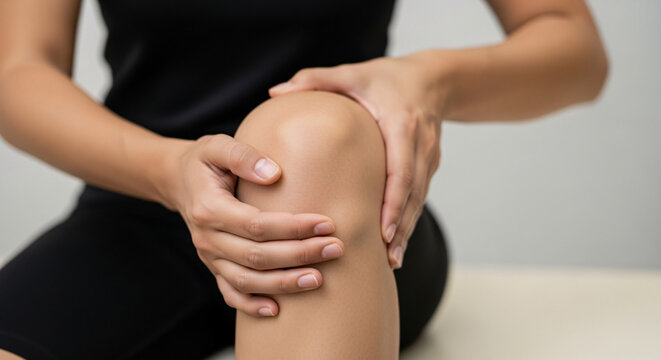 Woman suffering from knee pain, touching her injured leg with both hands, sports injury or arthritis concept