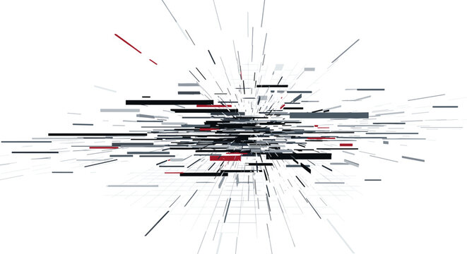 Dynamic abstract explosion composed of numerous floating rectangles and lines in black, red, and gray tones against a vast white space.