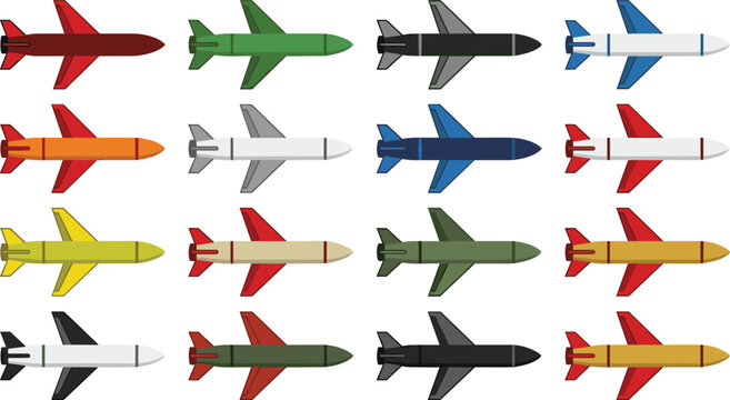 Military ballistic missiles and cruise rockets vector set with various tactical weapons ammunition warheads isolated on white background for defense army concept