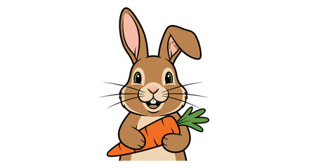 Obraz premium A cute cartoon rabbit holds an orange carrot in a natural setting.