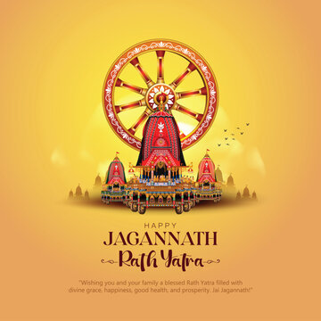 Indian festival Ratha Yatra of Lord Jagannath, Balabhadra and Subhadra on Chariot with people.abstract vector illustration design  yellow backdround