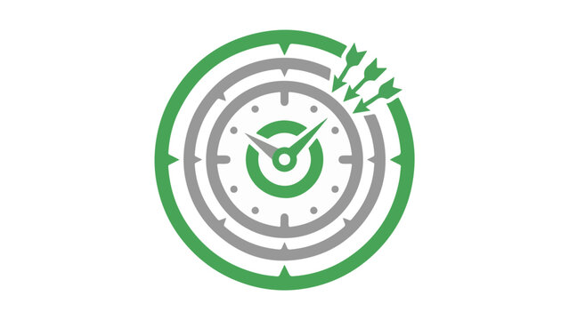 Green target-style clock with an arrow replacing the hands to emphasize precision and goal-oriented design.