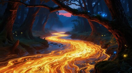 Naklejka premium Mystical forest scene at twilight with a glowing river of energy flowing through trees. Tiny lights and a blue spirit creature add magic to the wilderness landscape.