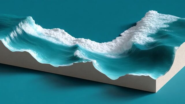 Detailed cross-section of ocean wave with foam and spray, showing water movement and coastal shoreline effects