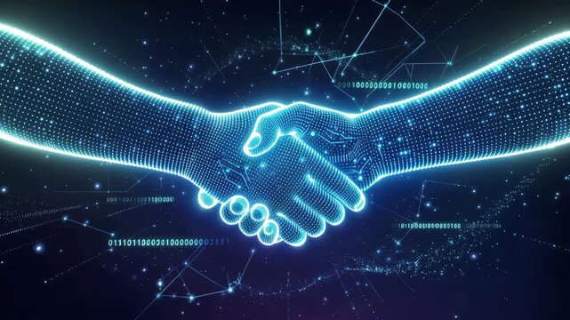 Digital handshake between human and artificial intelligence, representing technology collaboration and future partnership 4k video