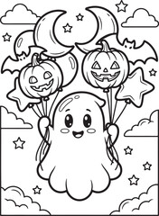 Fototapeta premium Adorable cartoon ghost character holding a bouquet of Halloween balloons including pumpkins bats moons and stars for a festive celebration
