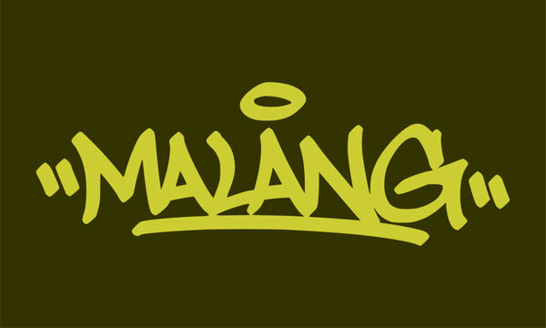 Malang Indonesia city graffiti tag element featuring creative hand style lettering typography design with halo ornament for modern urban streetwear clothing poster print design clip art.