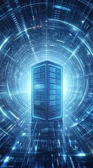 Fototapeta premium Server rack standing in futuristic digital tunnel with glowing blue data lines. Concept of high-speed cloud computing and big data processing in virtual environment.