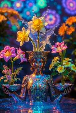 Ritratto surreale di dea iridescente con fiori primaverili e spruzzi d'acqua magica