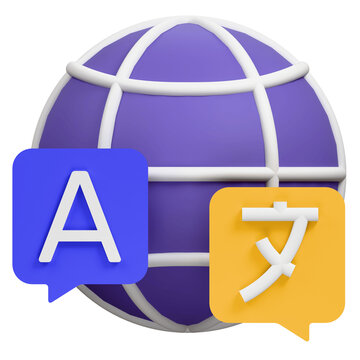 3D render of a purple globe with language translation speech bubbles.