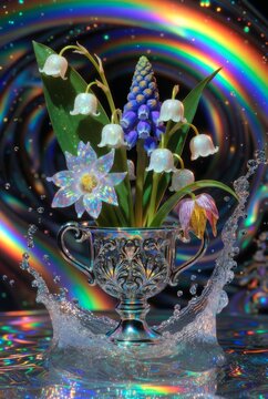 Bouquet magico e surreale con mughetto e muscari in un calice d'argento, sfondo arcobaleno e splash d'acqua