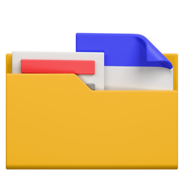 3D rendered yellow office folder icon with documents inside.