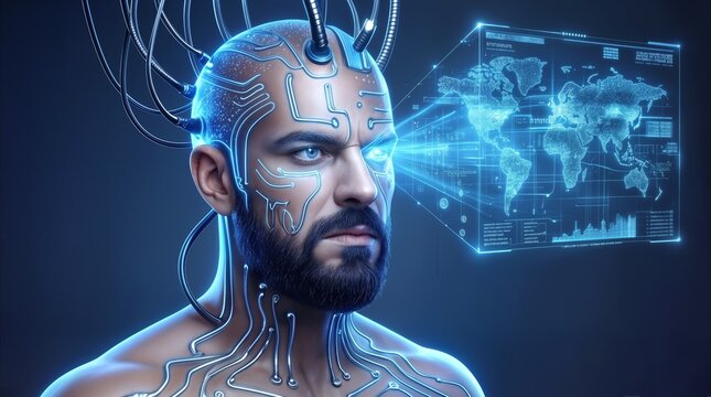 Transhumanist male with neural implants viewing digital world map projection. Cyber-enhanced individual analyzing global data in high-tech environment.