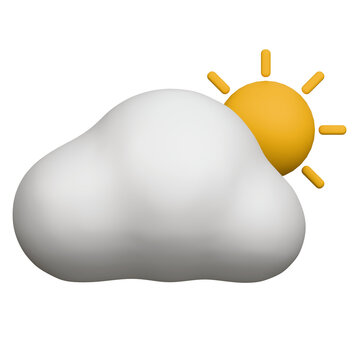 Three dimensional weather icon featuring a white cloud and a bright yellow sun.