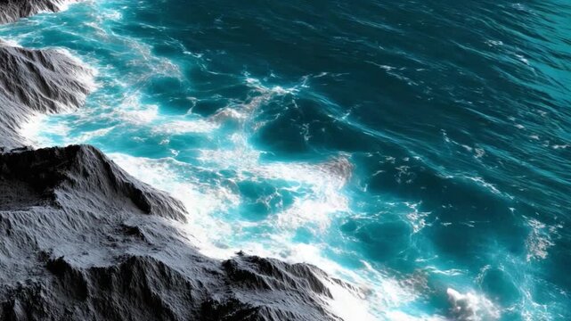 Rocky Cliff Edge Over Turquoise Ocean Waves with White Foam and Clear Water