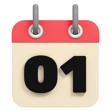 Three dimensional icon of a calendar page showing the first day of the month.