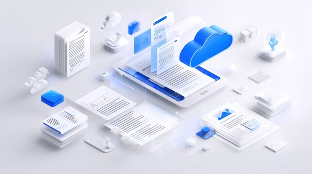3 d isometric cloud computing and digital document management concept