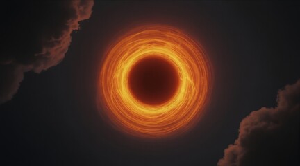 Fototapeta premium Glowing orange portal in dark sky with clouds. Abstract energy vortex with cosmic swirls. Mysterious gate to another dimension, sci fi concept.
