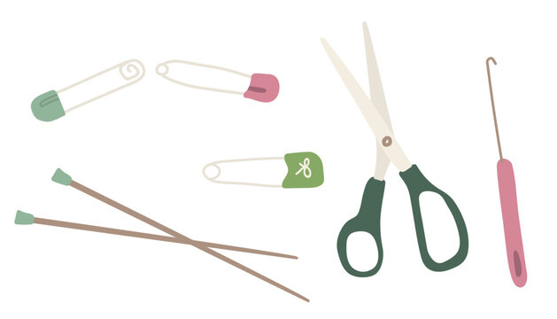 Tailoring and knitting tools set with green scissors, crochet hook, wooden needles and safety pins, craft clipart