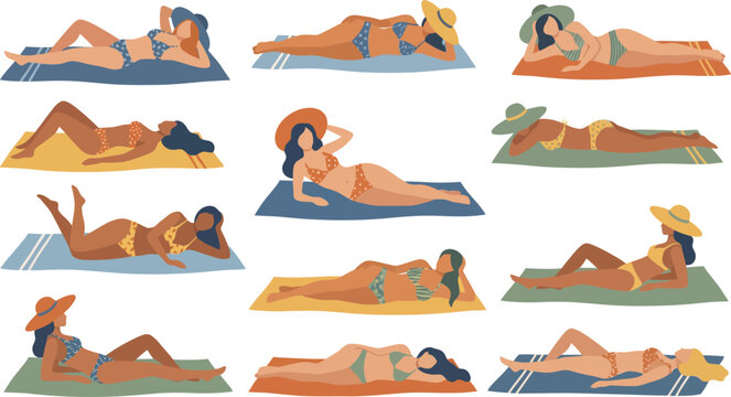 Diverse group of women sunbathing on beach towels flat vector illustration of summer leisure and relaxation isolated on white background