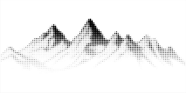 Vector halftone dots background, fading dot effect. Imitation of a mountain landscape, banner, shades of gray.