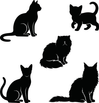 Black cat silhouettes, feline icons, kitten graphics, animal shapes, pet illustrations