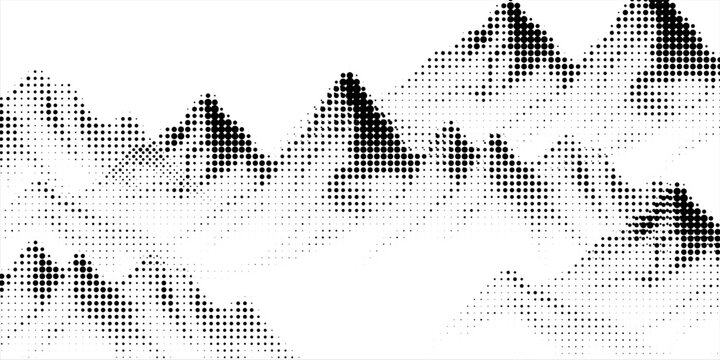 Vector halftone dots background, fading dot effect. Imitation of a mountain landscape, banner, shades of gray.