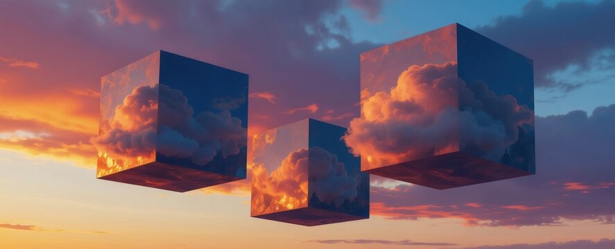 Geometric cloud cubes float in a vibrant sunset sky, creating a surreal dreamscape. Soft pastel colors blend in an atmospheric gradient. Distant cityscapes appear.