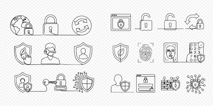 Set of cybersecurity line icons for digital data protection and internet security.
