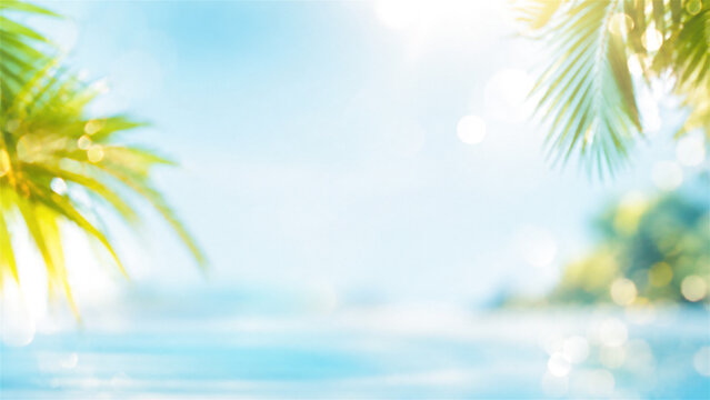 palm leaves frame over blurry tropical ocean beach background. Sunny summer vacation scenery with soft bokeh light. Travel concept for holiday invitation or social media post backdrop